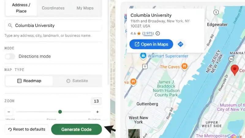 Google Map embed generator showing Columbia University with a live preview and Generate Code button