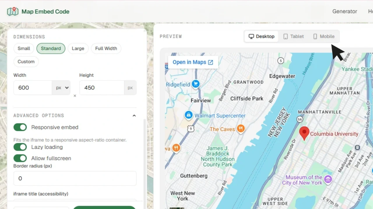 Desktop preview of a responsive Google Map embed with responsive mode enabled